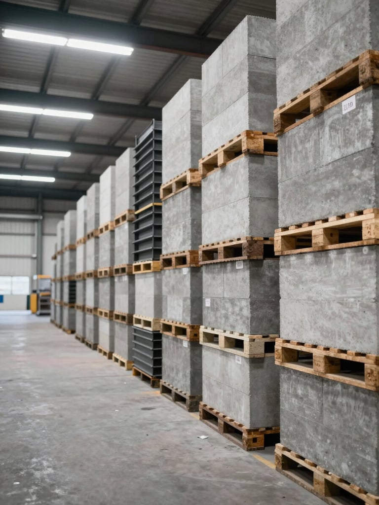 Wide warehouse interior shot from the right side, tall stacked pallets of concrete blocks and structural steel profiles organized in labeled rows under bright fluorescent lighting, generous negative space on the left, industrial scale visible