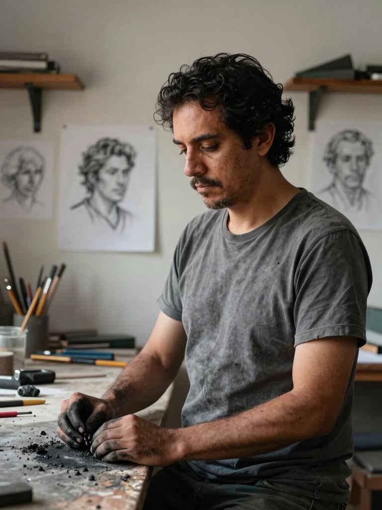 Portrait of artist Héctor Arrioja in his Puebla workshop, high-contrast directional side-light, charcoal dust on hands, surrounded by sketches and tools, editorial photography.