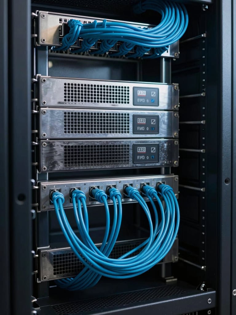 Low-key cool-toned lighting of a high-end physical server rack with clean cyan cable management, shallow depth of field, metallic reflections.