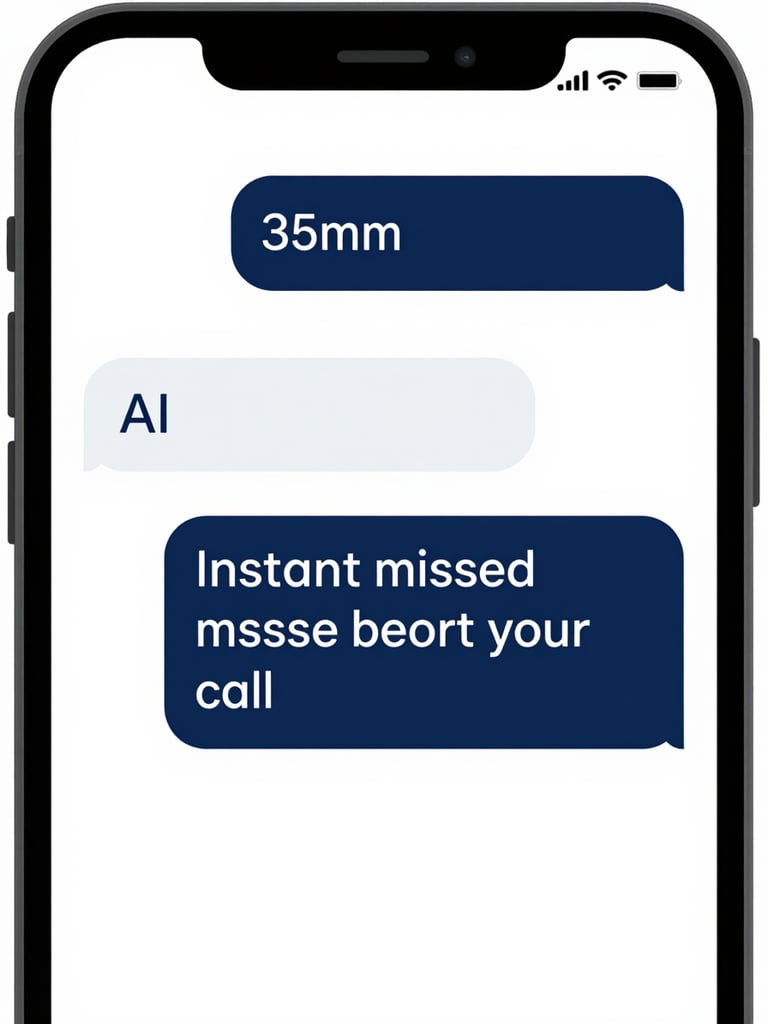 Close-up of a smartphone screen showing an instant AI text message response to a missed call, clean UI, bright studio light, focused on the message bubble.