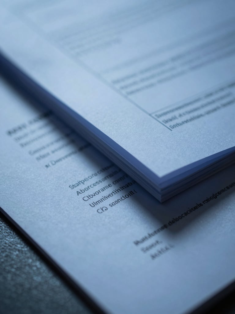 Macro close-up of redacted physical corporate documents under high-contrast, cool blue focused light, revealing sharp paper edges and dark ink blocks.