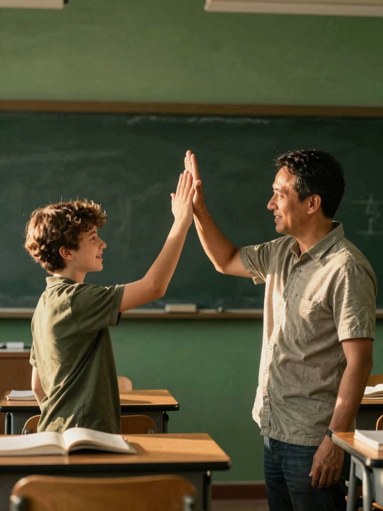 Candid medium shot of a mentor and teenager high-fiving in a sunlit classroom, warm golden-hour light, rich forest green tones, 35mm.