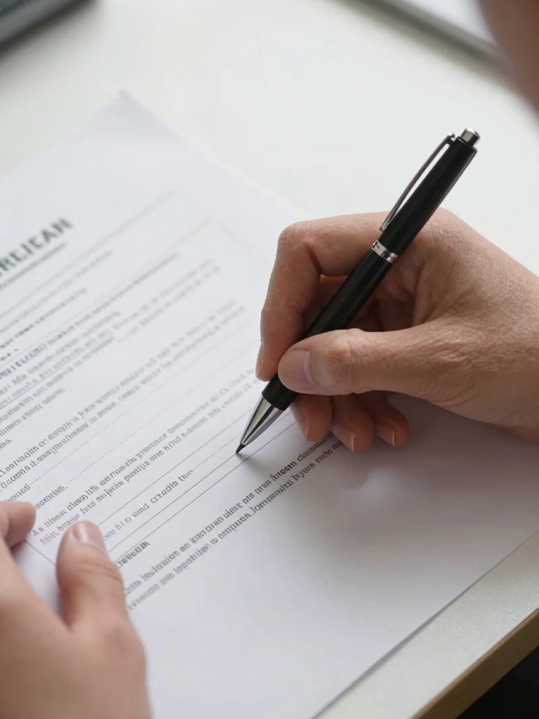 Close-up of hands marking up a printed credit report with a pen, flat north-facing studio daylight, clean white paper surface, organized desk edge visible at bottom, no people visible beyond the hands