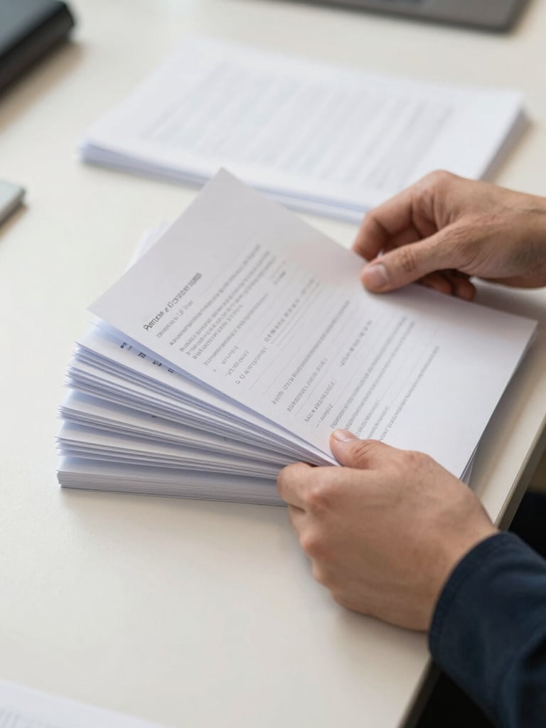 Close-up of hands sorting printed documents on a flat organized desk under bright flat north-facing daylight, papers fanned out with handwritten margin notes visible, no people's faces, clean cream surface