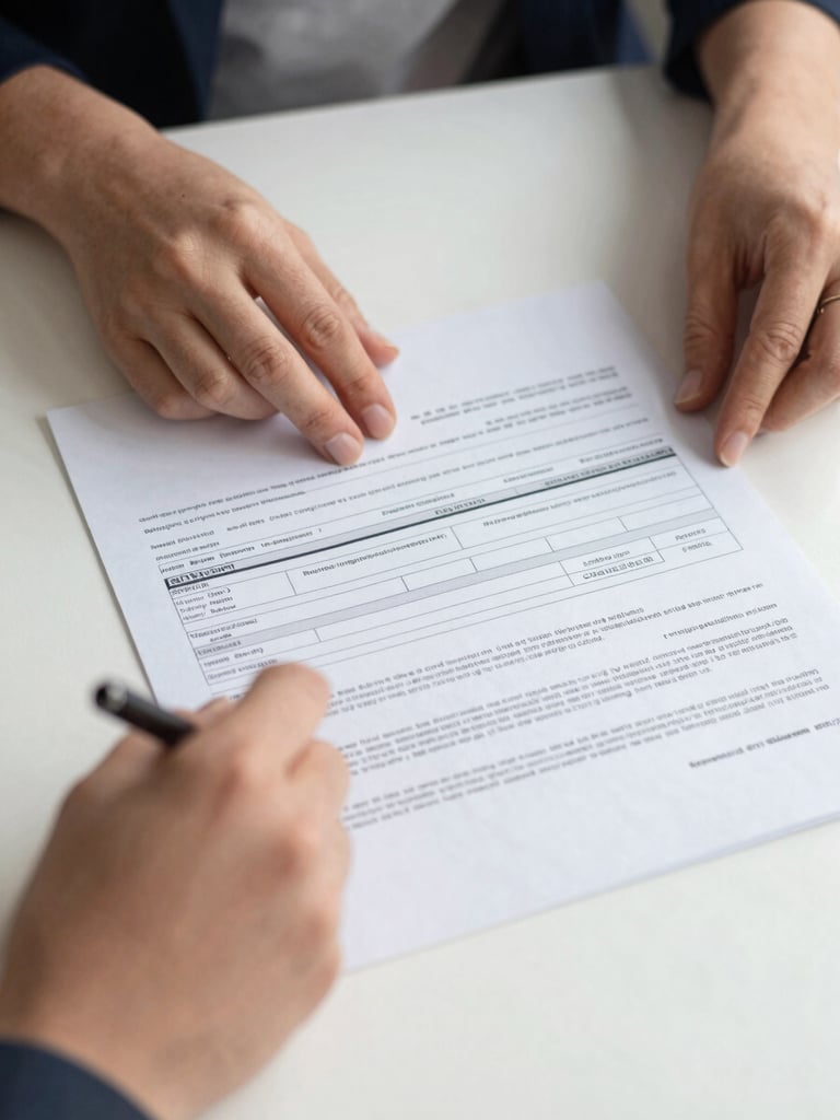 Close-up of hands organizing business registration documents and a printed EIN confirmation letter on a clean white desk, flat north-facing studio daylight, no people visible from the face, papers neatly arranged
