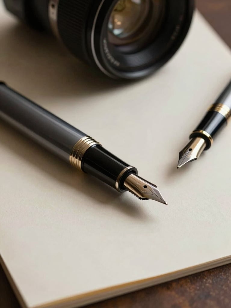 A close-up of a tailored charcoal cuff and a fountain pen resting on heavy cream paper, low-key lighting, soft shadows