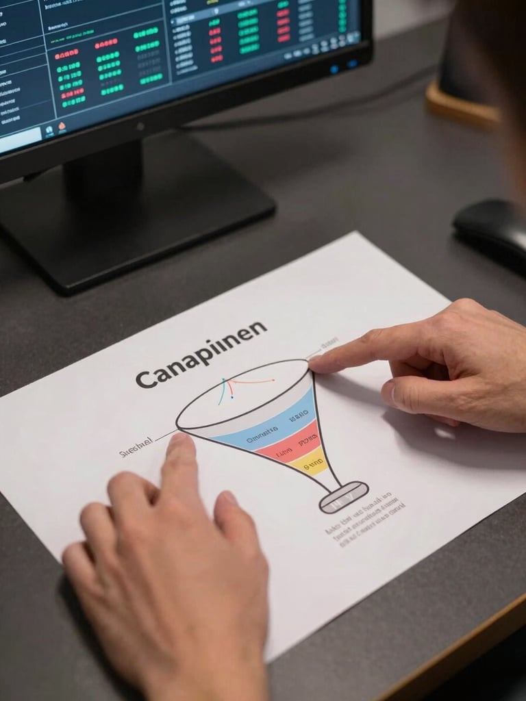 Tight overhead shot of hands pointing at a printed campaign funnel diagram on a dark desk, a glowing monitor displaying live ad performance data visible in the background, cool studio lighting
