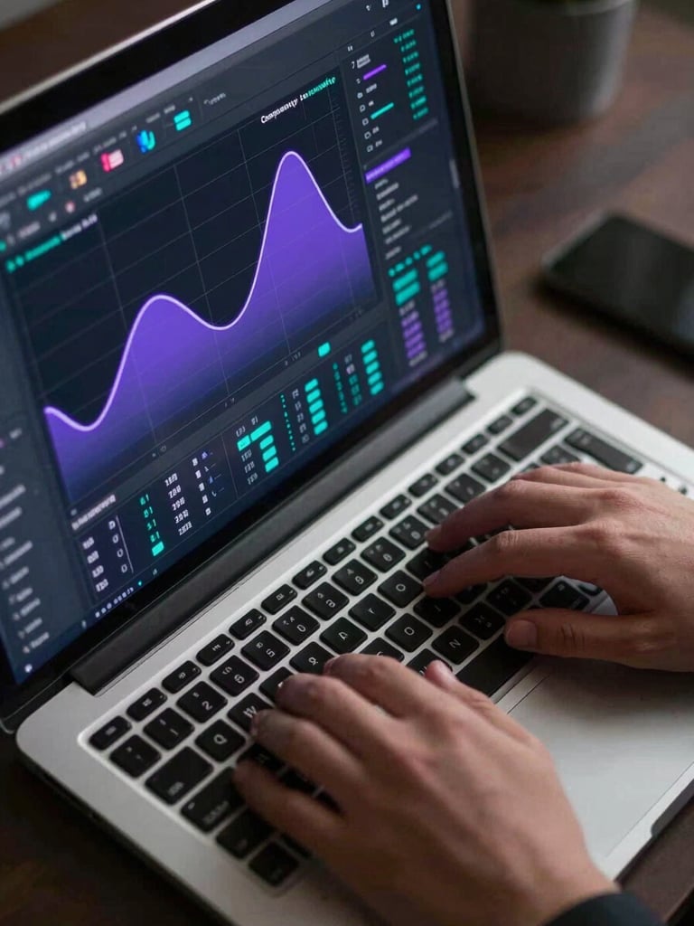 Overhead close-up of a laptop screen showing a live campaign analytics dashboard with glowing purple and cyan data curves, hands resting on keyboard, cool screen glow on dark desk surface