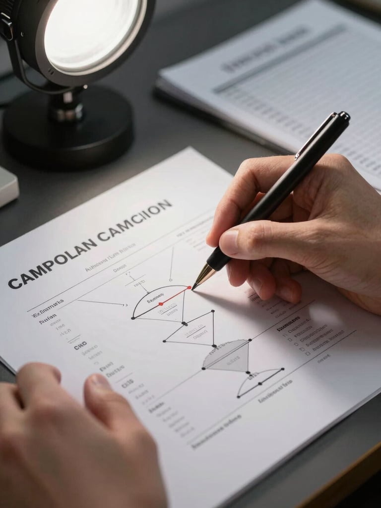 Close-up of hands annotating a printed campaign funnel diagram on a dark desk, pen tip touching a conversion-rate metric, studio overhead lighting, spreadsheet visible in background