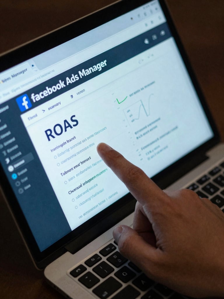 Tight overhead close-up of a laptop screen displaying Facebook Ads Manager mid-optimization, a hand pointing at a ROAS metric, cool cyan screen glow, dark surface beneath
