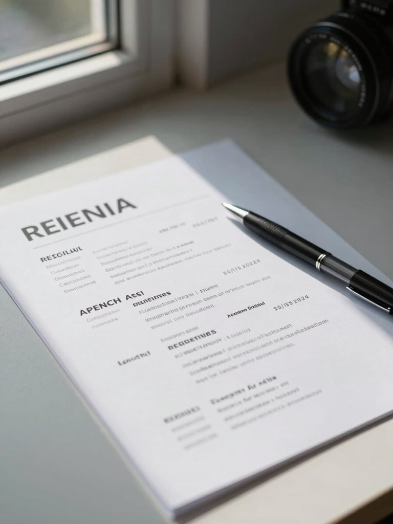 Close-up of a printed resume on a clean desk, a pen resting diagonally across the page, natural window light from the left casting soft shadows, cool daylight, no people visible