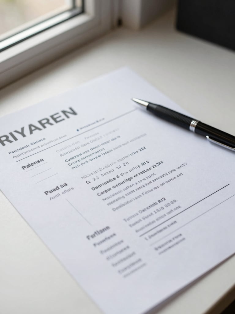 Close-up of a printed resume on a clean desk surface, natural window light from the left, a pen resting diagonally across the page, paper texture visible, no face or person in frame