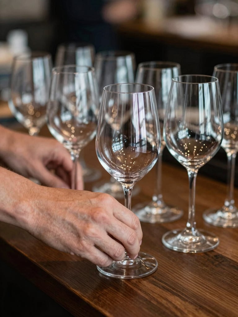 Close-up of hands organizing polished wine glasses on a dark wooden prep station, soft ambient restaurant lighting, warm and precise.