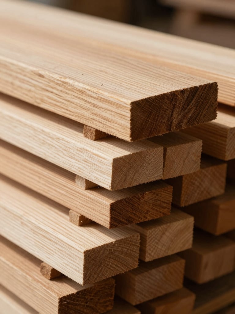 Close-up macro shot of raw seasoned walnut timber slabs stacked in a workshop, dramatic natural side-lighting highlighting the intricate growth rings and rich organic grain textures.