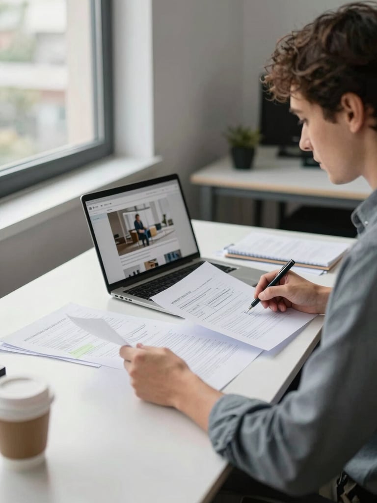 Medium environmental shot inside a working office: a business owner seated at a wide desk reviewing strategy documents spread across the surface, laptop open showing an actual website design in progress, natural daylight streaming from a large window to the left, papers and a coffee cup visible in the foreground, the room slightly out of focus in the background — real work in motion, no staged posing