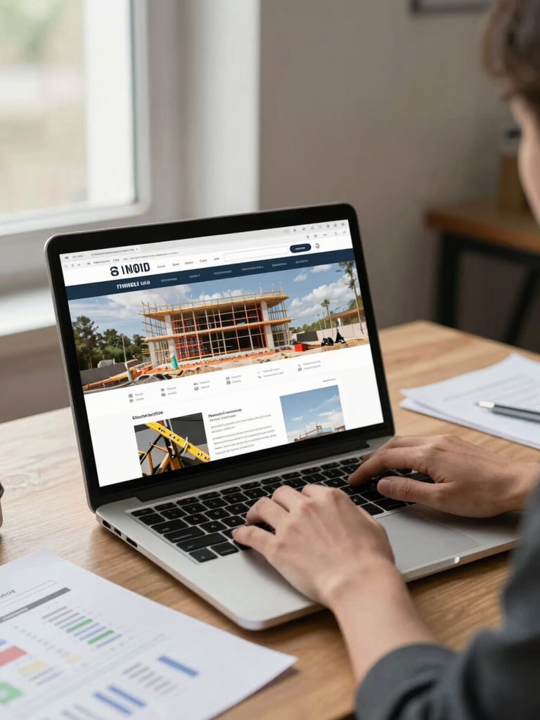 Medium environmental shot of a business owner at a desk reviewing a laptop screen showing a real website layout under construction, natural daylight from a window to the left, papers and strategy documents visible on the desk surface, hands resting on the keyboard mid-review, warm office context behind