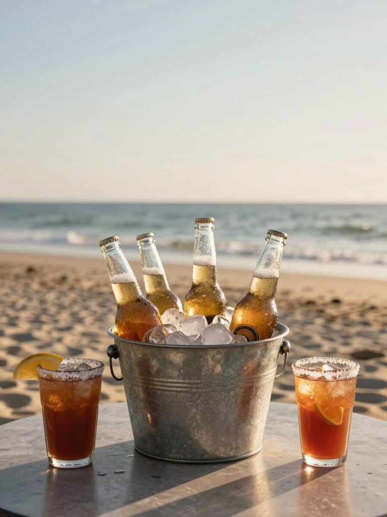 Wide shot of four cold beer bottles sweating in a metal bucket of ice on a beach table, two micheladas in salt-rimmed glasses beside them, late afternoon golden light raking across the scene, ocean horizon blurred in the background, no studio, genuine beach setting
