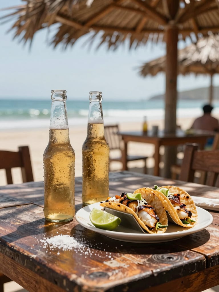 Close environmental shot of a worn wooden table at the beach club — two sweating glass bottles of cold beer, a plate of grilled fish tacos with lime wedges, salt on the table surface, dappled midday sunlight through a palapa roof casting natural shadows, genuine and unpretentious, no studio styling