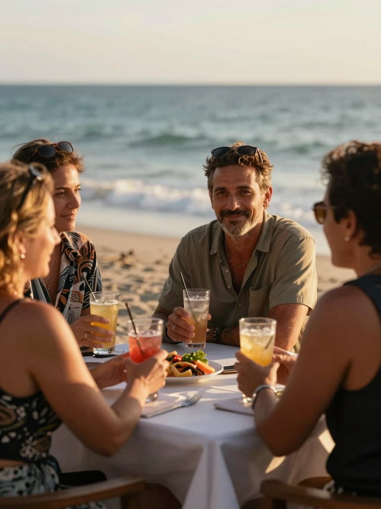 Close candid of a group of guests at a beachside table at Puerto Esperanza — drinks in hand, mid-conversation, golden late-afternoon light falling across their faces and the table, the ocean softly out of focus behind them, genuine and unposed