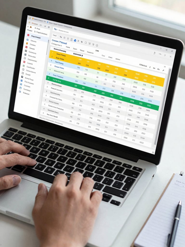 Close-up overhead view of a laptop screen displaying a CRM pipeline board with color-coded deal stages and contact records, a hand resting on the trackpad, clean desk surface with a notepad beside it, cool daylight from a nearby window, sharp focus on the screen data