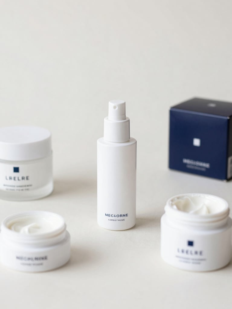 An organized flat lay of premium consumer goods on a clean neutral background, soft professional studio lighting.