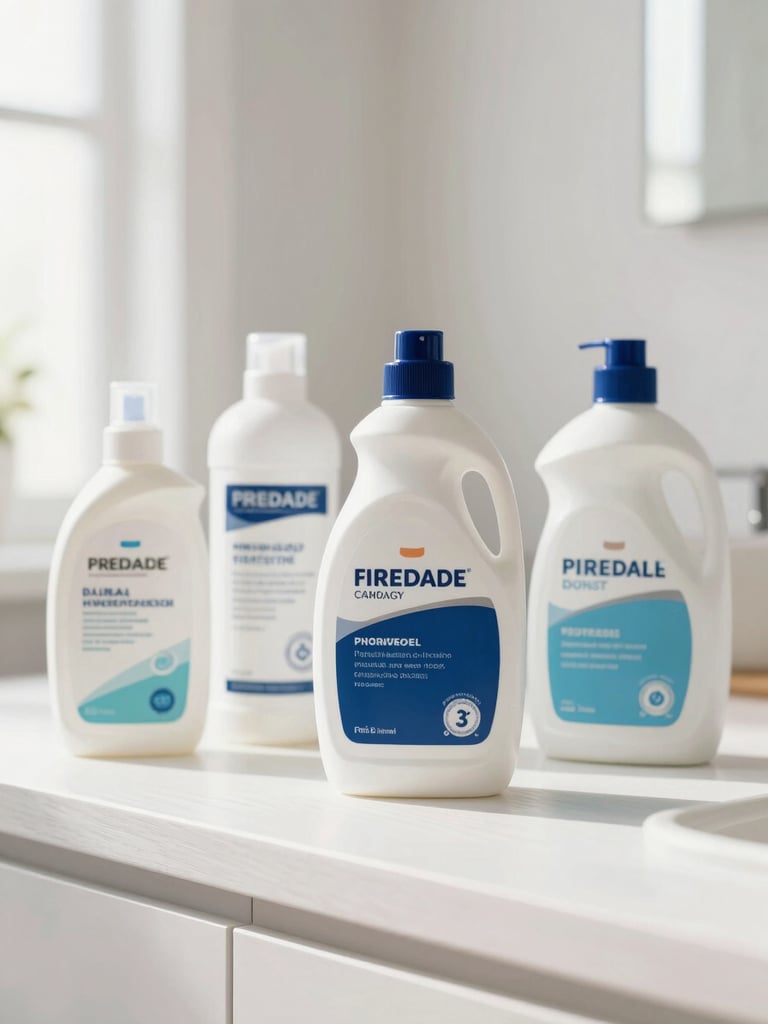 A close-up of premium household essentials neatly arranged on a white oak counter, soft morning light, editorial product photography