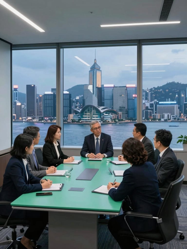 A professional collaborative meeting in a high-rise Central Hong Kong office, floor-to-ceiling windows showing the Victoria Harbour skyline at blue hour, cool corporate tones with jade accents.