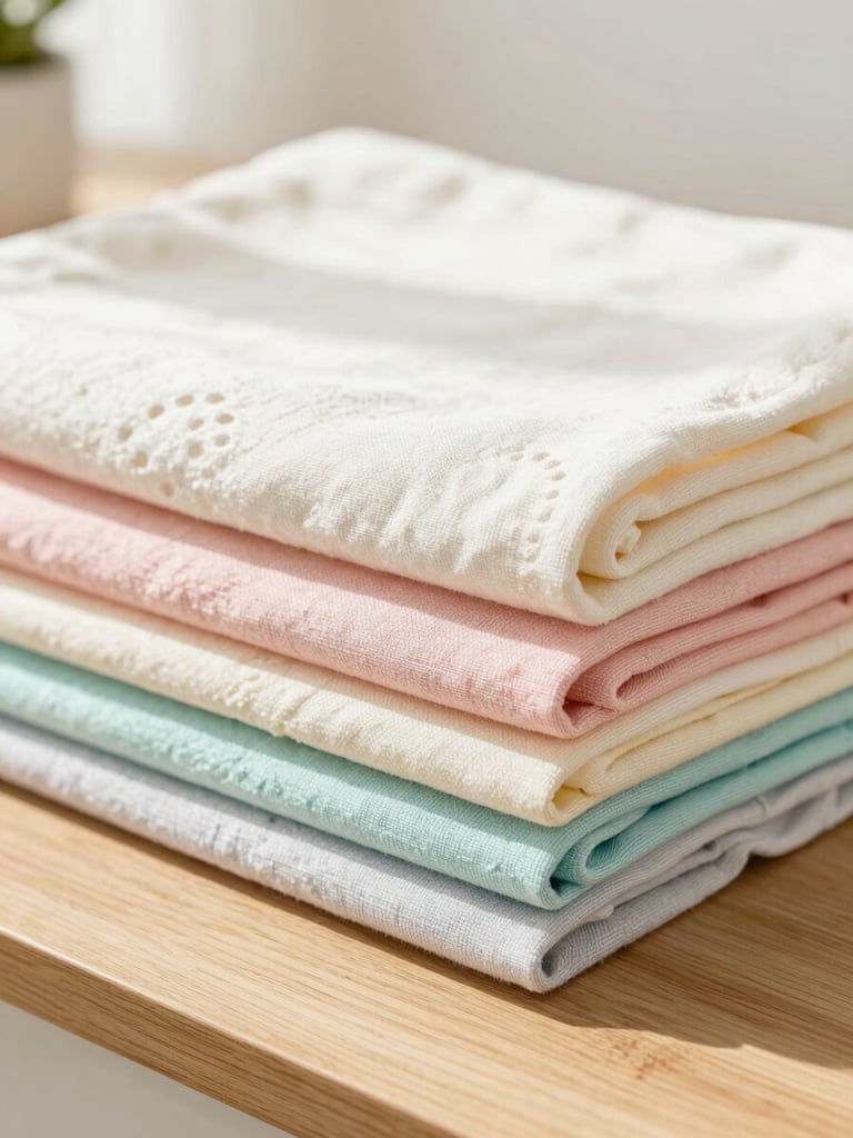 Close-up of a meticulously folded stack of soft pastel-colored linens on a wooden table, bright natural daylight streaming in, warm and clean domestic atmosphere.