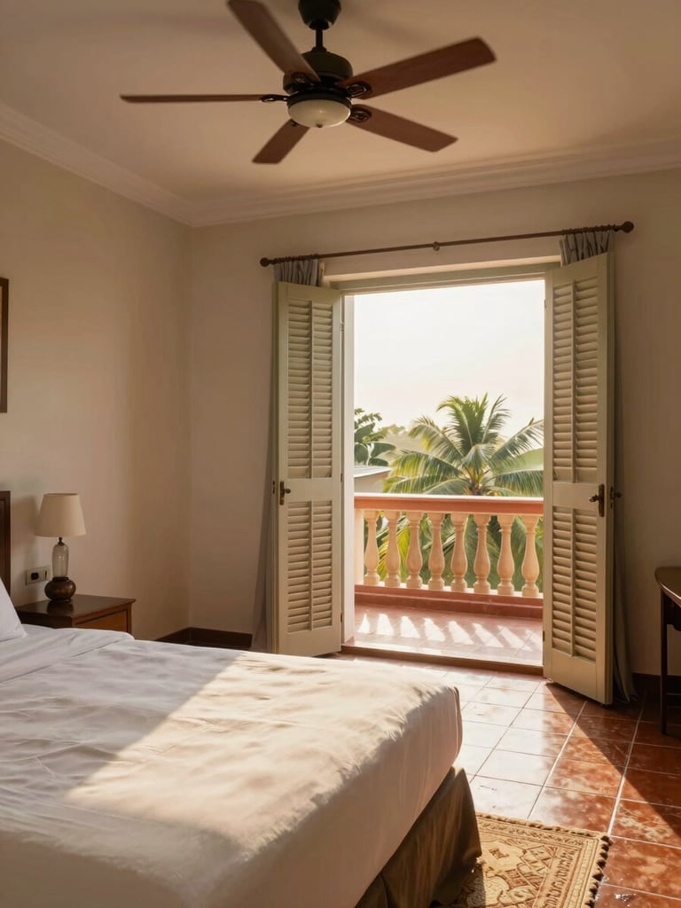 Wide interior shot of a sunlit hotel room in Abidjan, warm natural daylight streaming through open louvered shutters, a neatly made bed with white linen in the foreground, ceiling fan overhead, terracotta-tiled floor extending to a small balcony, no people visible, soft golden afternoon light