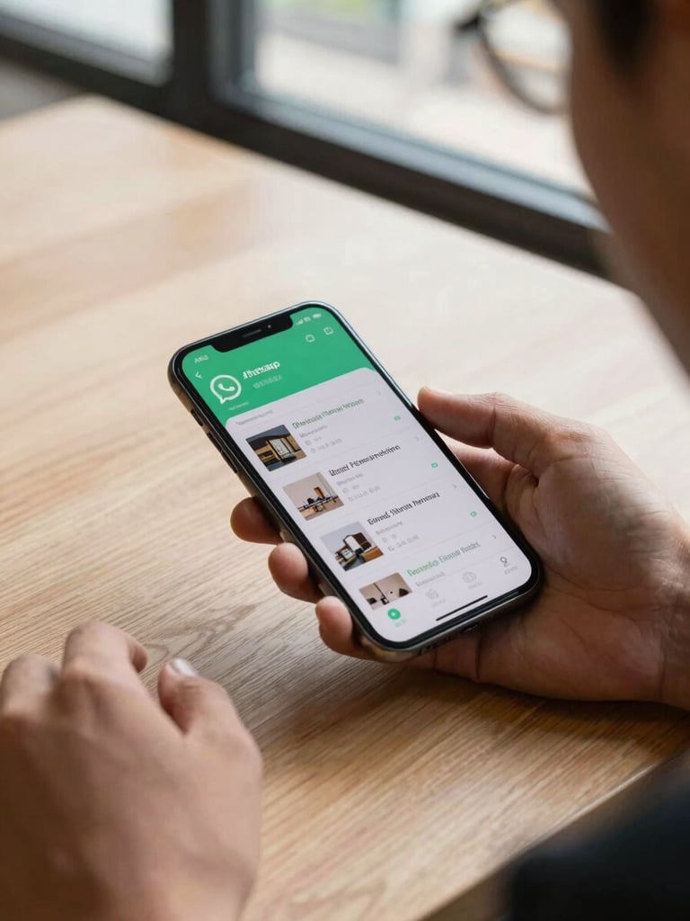 Close-up overhead flat-lay of a real estate agent's hand scrolling a mobile dashboard on a smartphone, WhatsApp notifications visible, property listings and lead scores on screen, warm natural daylight from a nearby window, wooden desk surface, Abidjan urban setting visible through background