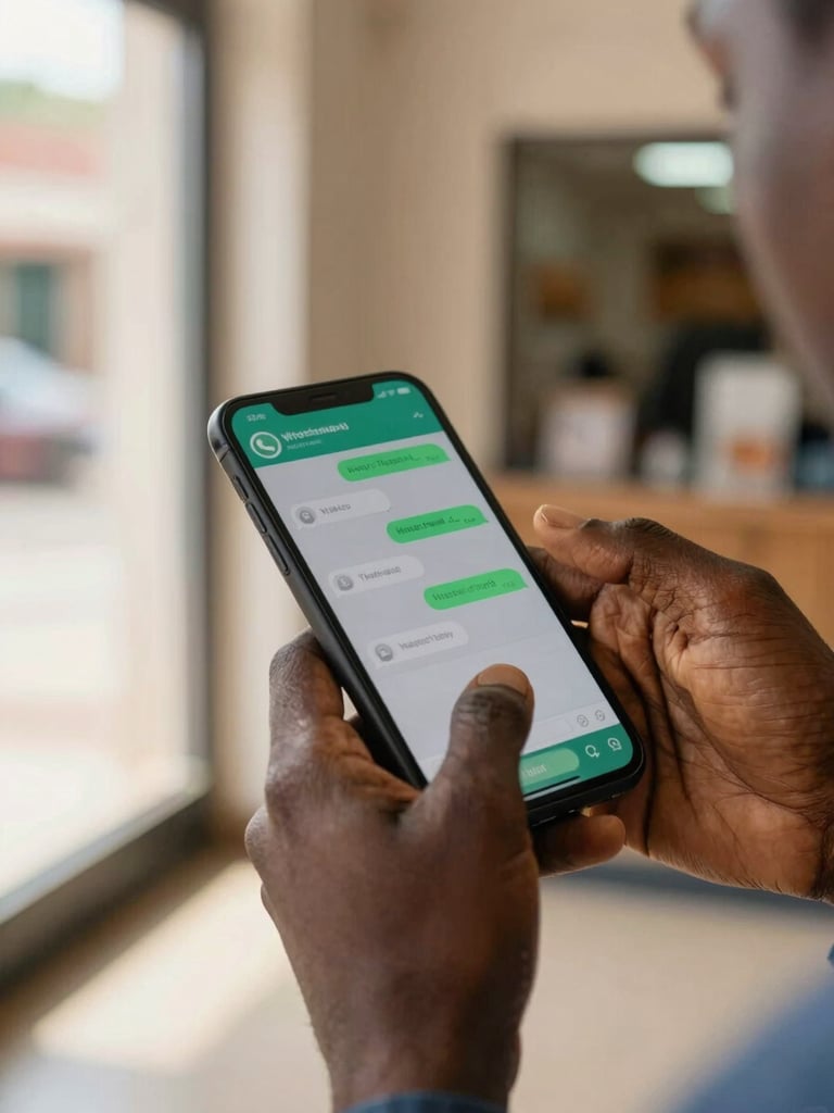 Close-up of West African hands holding a smartphone mid-transaction, WhatsApp chat visible on screen, mobile money notification partially visible, warm natural daylight from a window to the left, blurred storefront background, fingers mid-tap on the screen