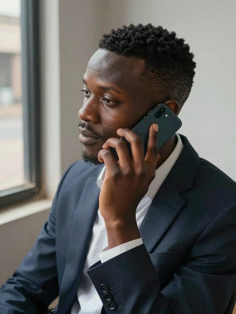 Close-up, slightly overhead: a young West African professional mid-phone call, seated near an open window, natural overcast daylight, a basic Android phone pressed to ear, fingers loosely curled, concrete wall and blurred street visible behind — no pose, pure motion