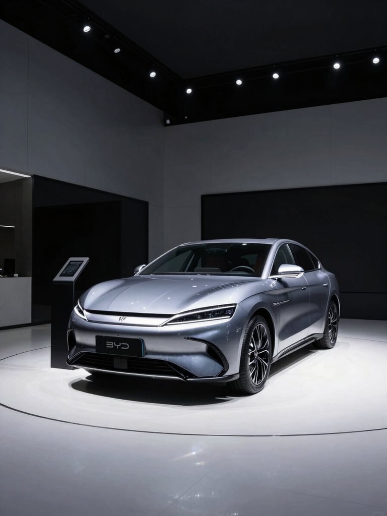 Interior of a modern minimalist BYD showroom in Bandung, clean white floors, sleek black metallic design accents, dramatic lighting highlighting a display car