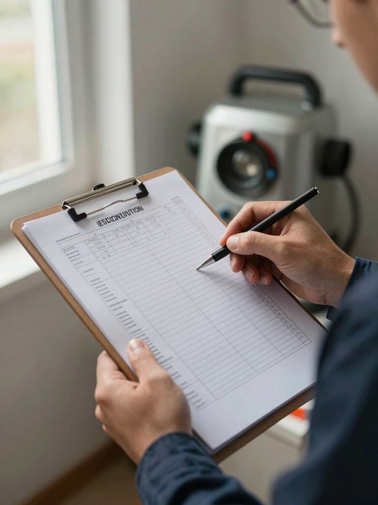 Close-up of a technician's hands reviewing a printed inspection checklist on a clipboard, duct cleaning equipment visible in the background inside a residential utility room, soft natural window light from the left