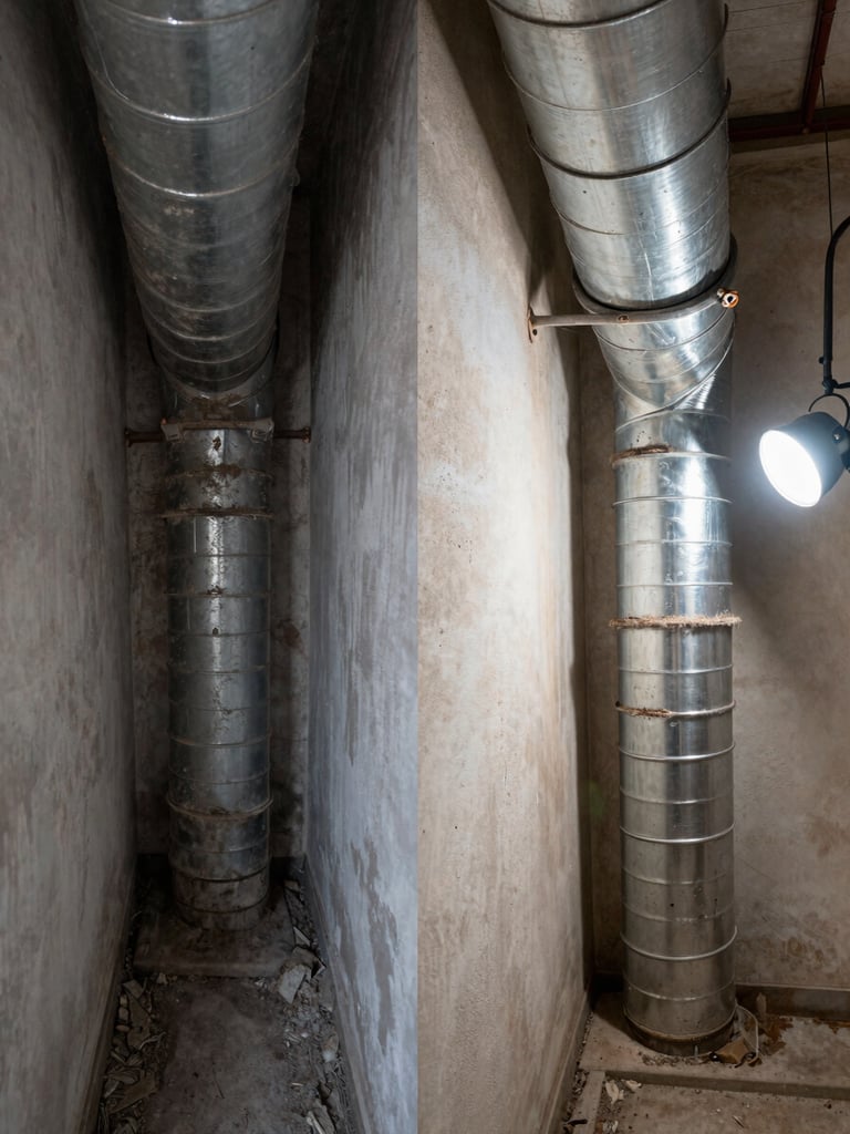 Split before-and-after view of a residential air duct interior: left half showing dark grey dust and debris coating the duct walls, right half showing the same duct after cleaning with clean bare metal visible, natural light from an inspection lamp