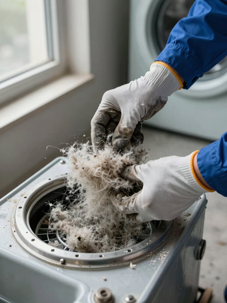 Close-up of a technician's gloved hands removing a dense mat of lint and debris from a residential dryer vent opening, metal duct visible, natural window light from the left, concrete laundry room floor in background