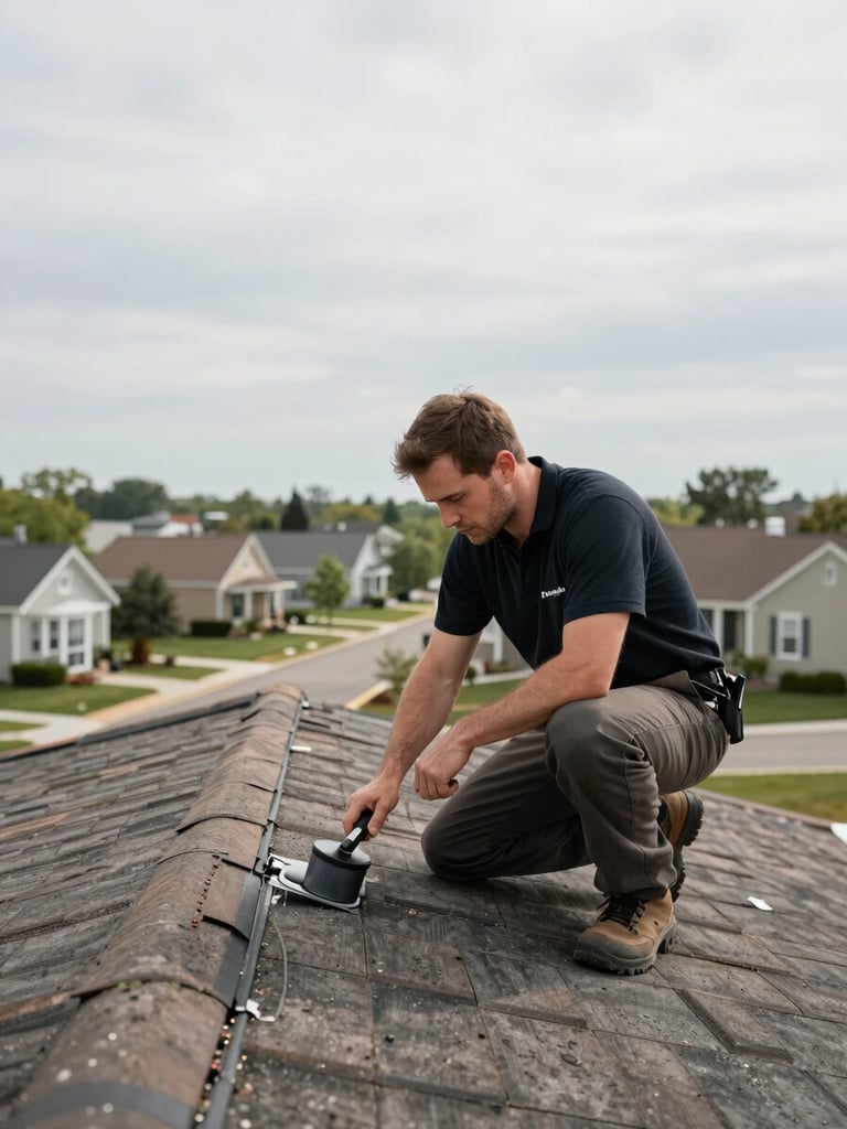 Wide shot of a PureAir360 technician on a residential rooftop in overcast natural light, crouching to inspect roof flashing with a tool in hand, suburban neighborhood visible in the background to the left, generous open sky on the right