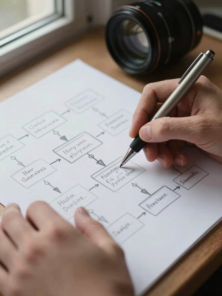 Close-up of hands sketching a user-flow diagram on white paper, a fine-tip pen mid-stroke, desk surface visible at the edges, natural window light coming from the left, no staged props