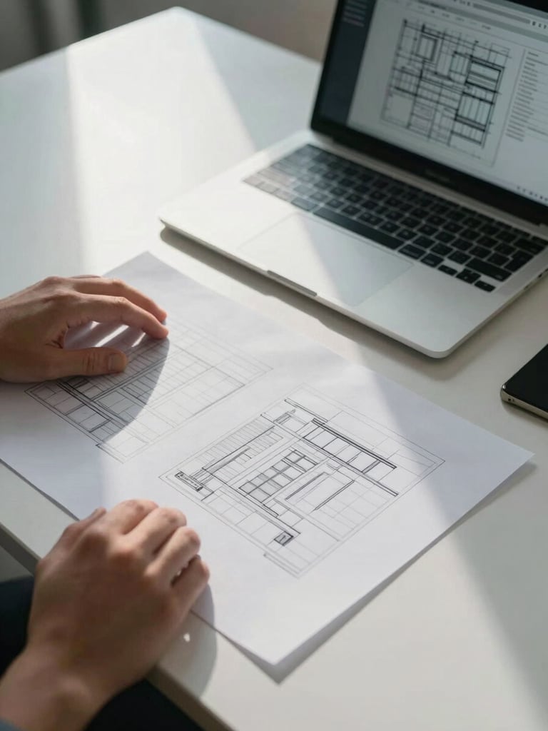 Wide environmental shot of a studio desk under natural daylight, a hand resting on printed wireframe sheets, a laptop screen showing site architecture in the background, overhead angle, cool working light