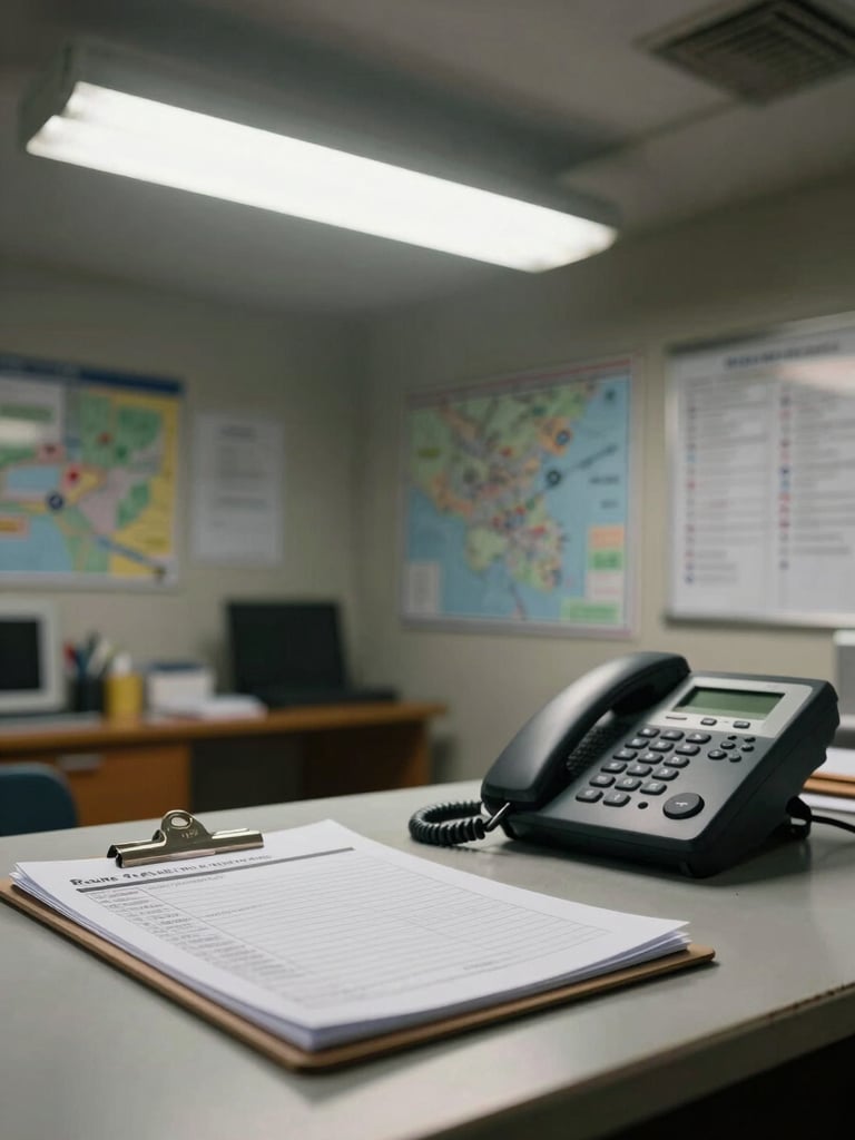 Close environmental shot of a dispatch office, clipboard with route paperwork and a landline phone on a worn desk, overhead fluorescent light casting hard shadows, maps pinned to the wall in background, no faces