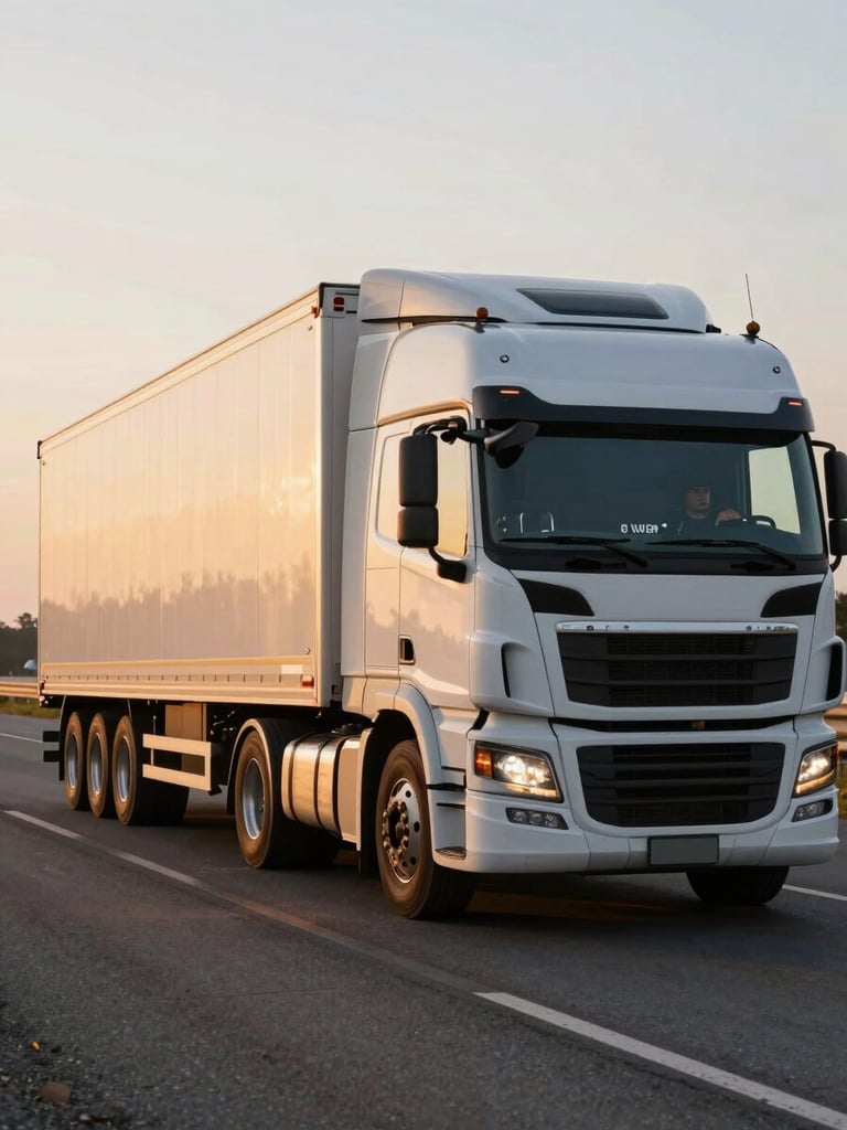 Close environmental shot of a loaded semi-truck on a regional highway at dawn, driver visible through windshield completing pre-trip check, golden hour light raking across the cab and cargo straps, asphalt stretching left into the frame