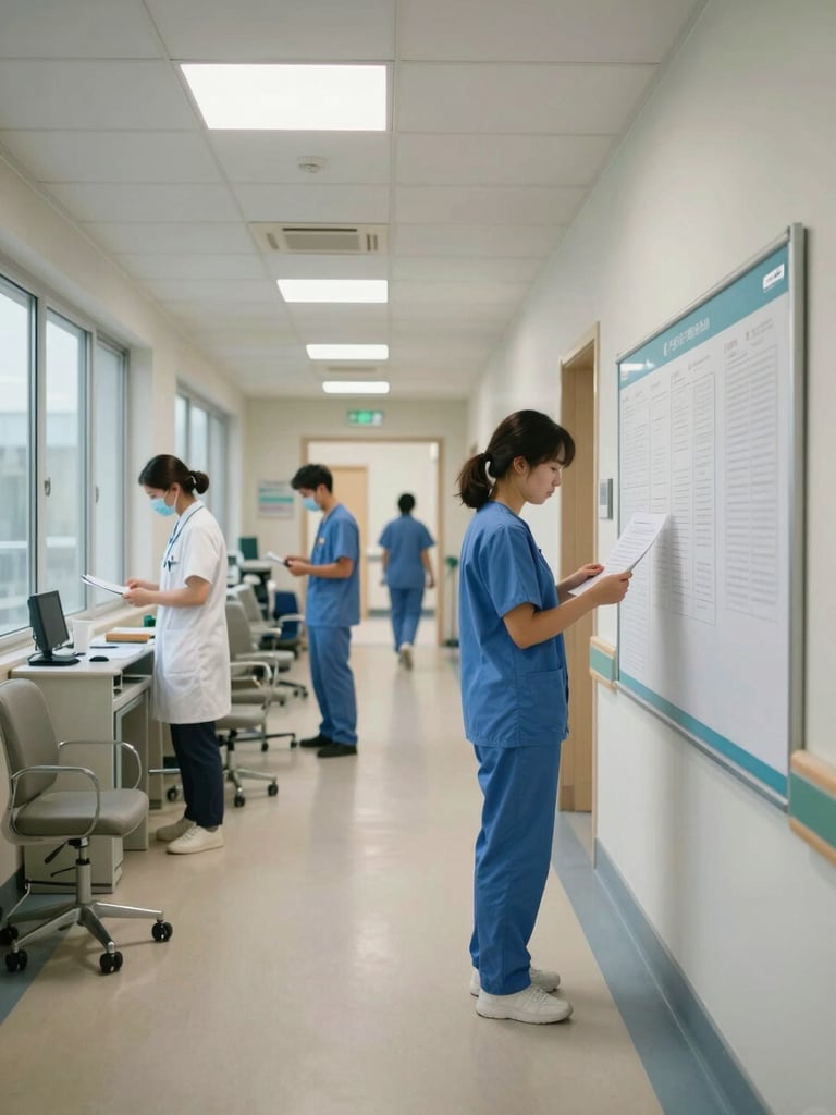 Wide environmental shot of a hospital corridor during active morning shift, clinical staff in profile reviewing a document on a wall-mounted board, natural window light from the left, fluorescent overhead, no posed subjects