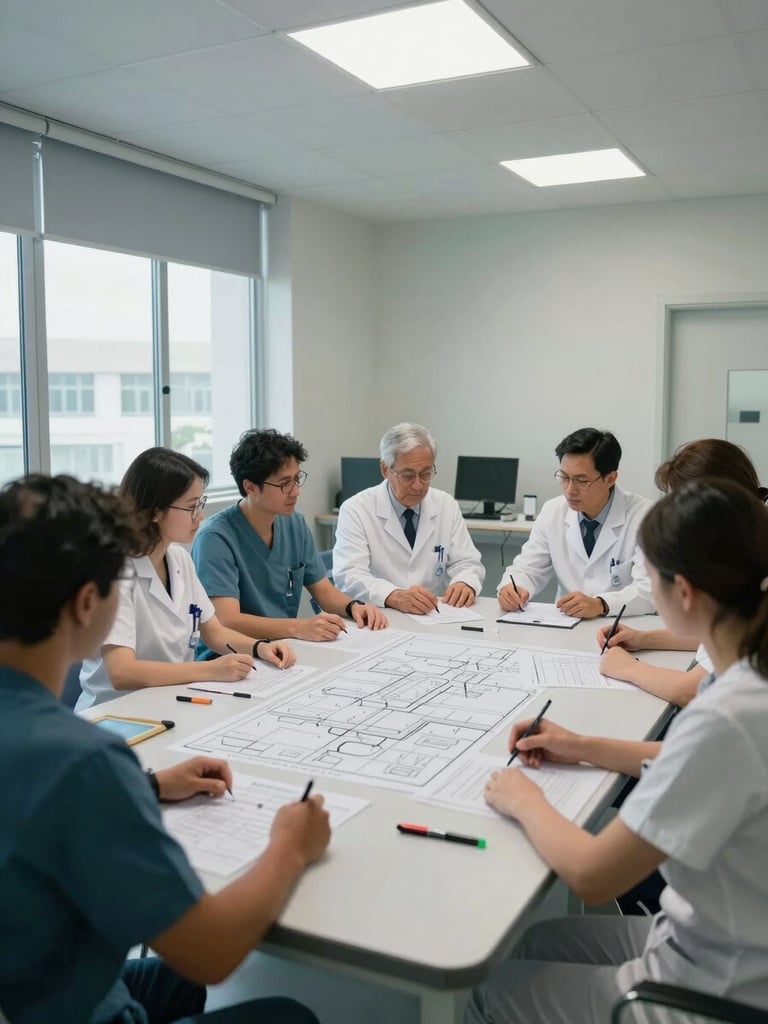 Wide shot of a hospital meeting room, clinical team seated around a table reviewing printed process maps, overhead fluorescent lighting, natural light from a side window, documents and markers visible on the table surface