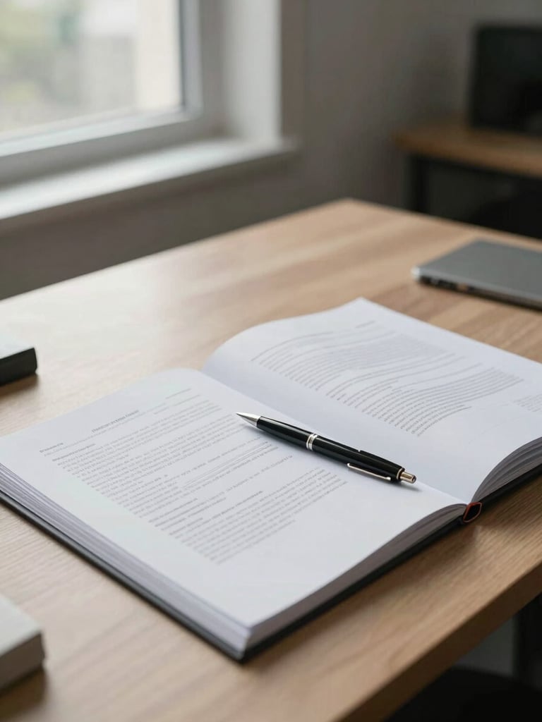 Wide office desk in daylight, open folder with printed documents and a pen resting on papers, cool natural window light from the left, neutral toned workspace, no people visible