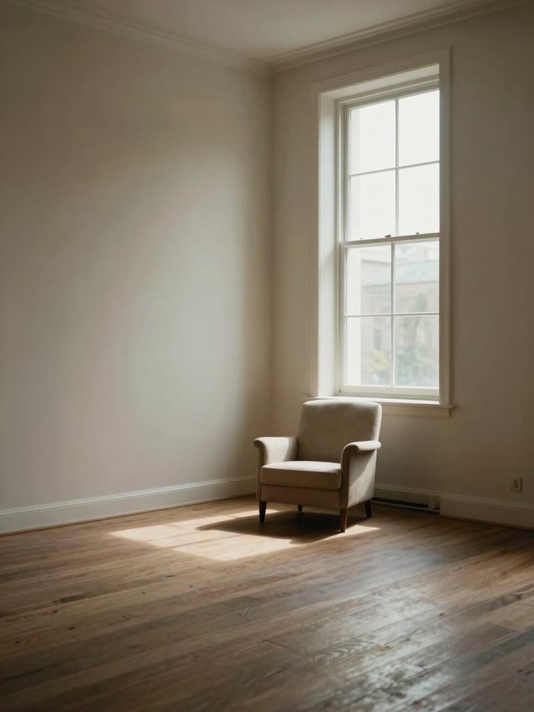 An empty room with light wood floors and a single beige armchair next to a large sunlit window, highlighting minimalist