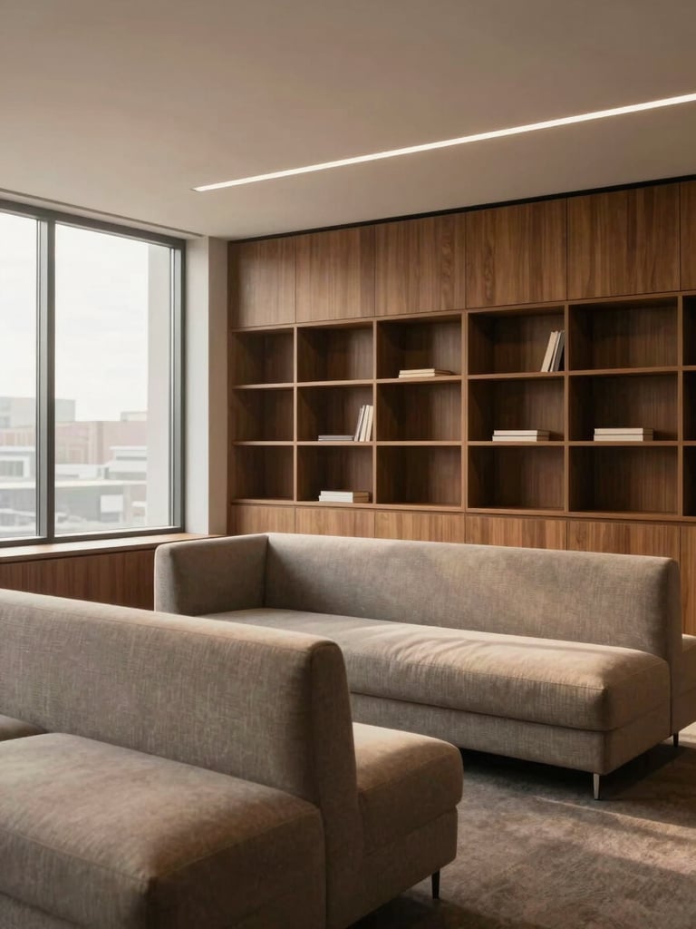 Wide view of a completed corporate office interior photographed empty, warm natural window light from the left, custom joinery shelving along the far wall, neutral upholstered seating in the foreground, muted terracotta and walnut tones, late afternoon overcast daylight, no people