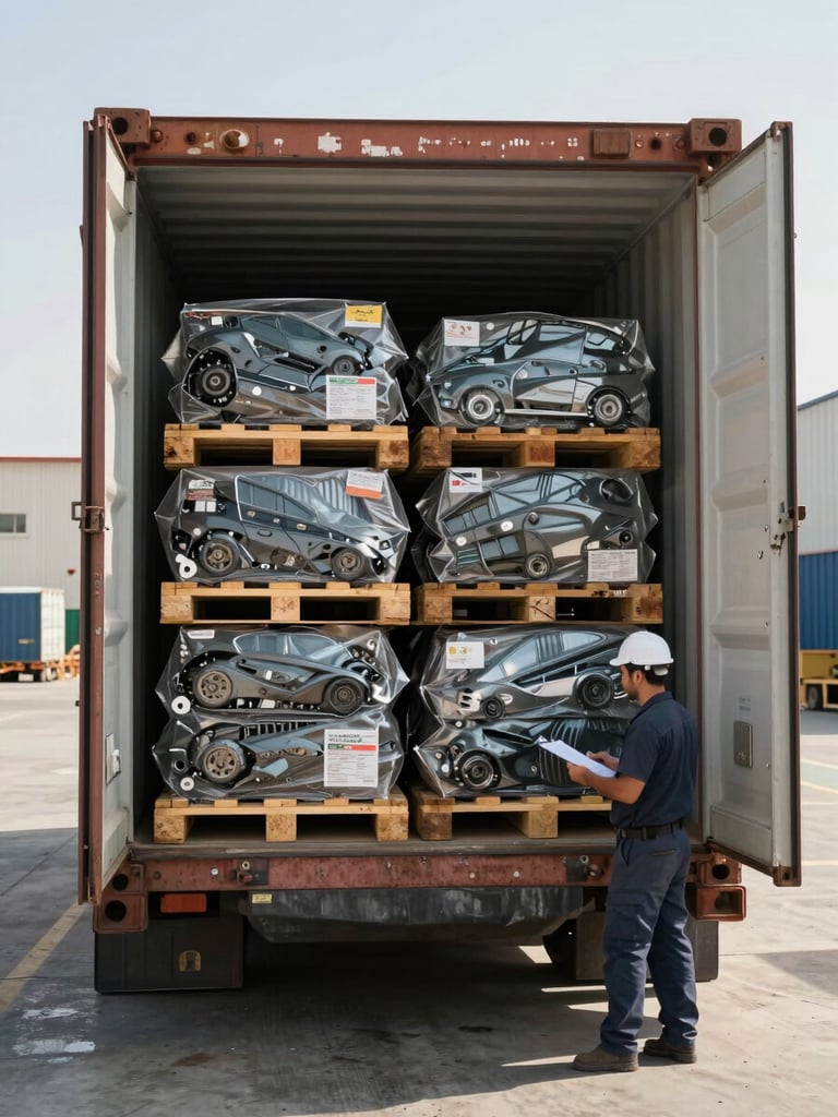 Documentary wide shot inside a UAE freight warehouse, a shipping container open and partially loaded with packaged automotive parts on pallets, a logistics worker with a clipboard reviewing the load in daylight from the loading bay entrance
