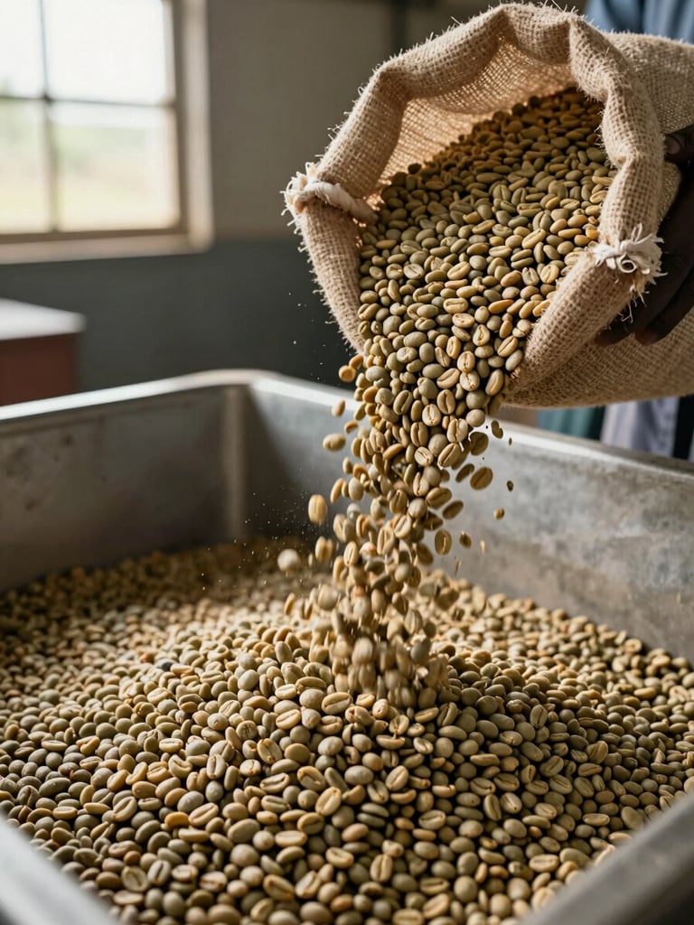 Close documentary shot of export-grade green Arabica coffee beans being poured from a jute sack into a bulk container at a Ugandan processing station, daylight from a side window, visible bean texture and colour variation