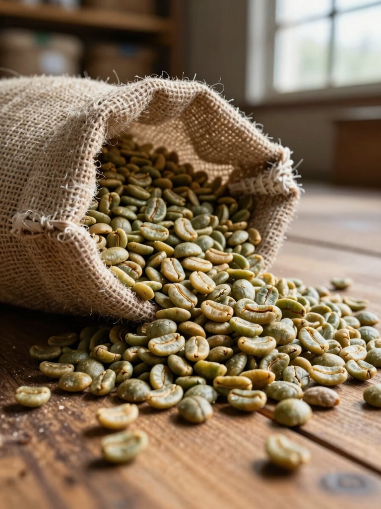 Close-up of export-grade green coffee beans spilling from a hessian burlap sack onto a wooden warehouse floor, daylight from a loading bay window raking across the beans, showing texture and raw origin quality