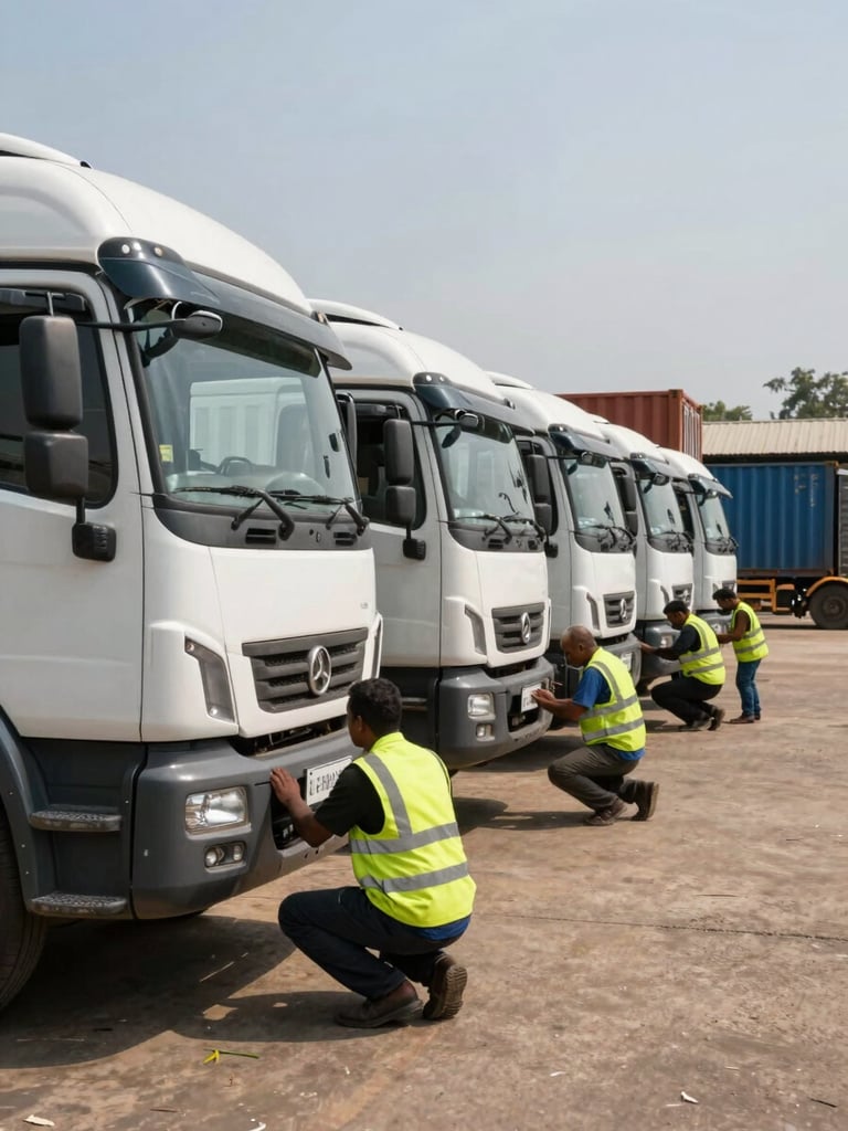 Wide documentary shot of a line of commercial vehicles being inspected on a sunlit yard at a Nairobi logistics depot, workers in high-visibility vests checking tyres and undercarriage, containers visible in background